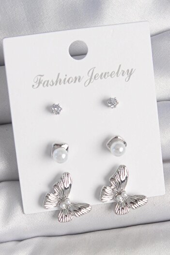 Inure Jewelry Brass Silver Color Zircon Stone Pearl Detailed Butterfly Model 3 Pair Women's Earring Set Daily Use