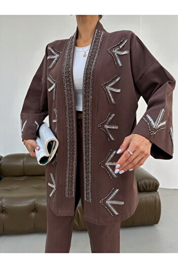 MİA NOURA Women's Front Sleeves with Embroidered Details Kimono Pants Set