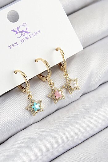 Inure Jewelry Brass Zircon Stone 3-Piece Colorful Star Model Gold Color Women's Earrings for Daily Use