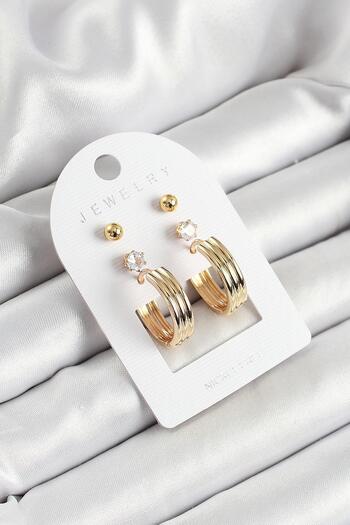 Inure Jewelry Gold Color 3-Piece Pair of Women's Earrings Set with Brass Zircon Stone and Ring Figure for Daily Use