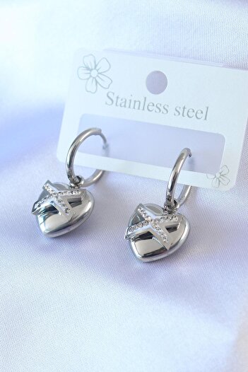 Inure Jewelry 316L Steel Silver Color Zircon Stone Detail Heart Model Women's Earrings Daily Use