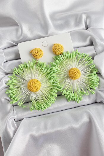 Inure Jewelry Green Tasseled Daisy Figured Wicker Knitted Model Gold Color Women's Earrings for Daily Use