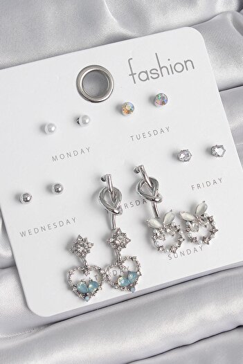 Inure Jewelry Brass Silver Color Dangle Zircon Stone Heart Model Knot Detail 7 Pairs Women's Earring Set Daily Use