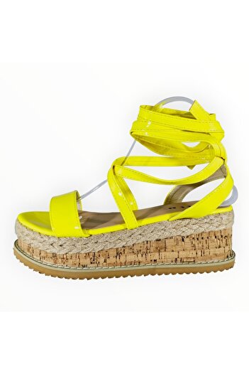 Retro Sandale Dama Flatform Tie-up Piele Ecologica Galben Neon Marimea 40