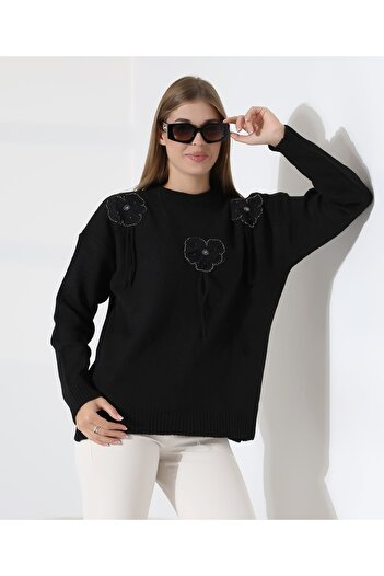 MILANOFOX Women's Floral Applique Beading Embroidered Long Sleeve Crew Neck Knitwear Sweater