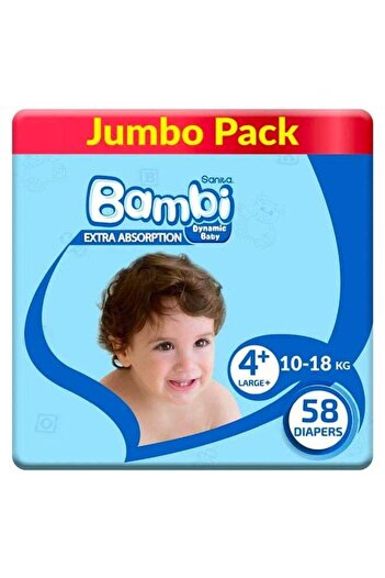 Sanita Bambi Sanita Baby Diapers, Size 4+, Large, 10-18 kg, Jumbo Pack, 58 Diapers