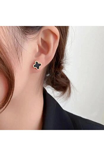Pursehuit Golden earrings, made of stainless steel, black flower shape, blown with 18k gold, Geira C2