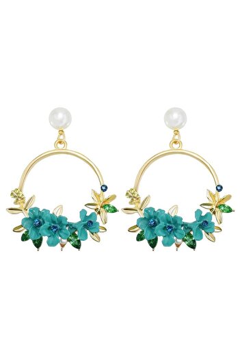 Pursehuit Gold earrings, round, with green flowers, Evastina C3