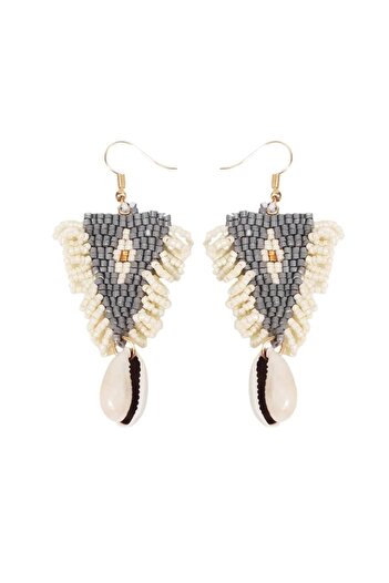 Pursehuit Beige earrings, with gray beads and shell, Rhonda C2
