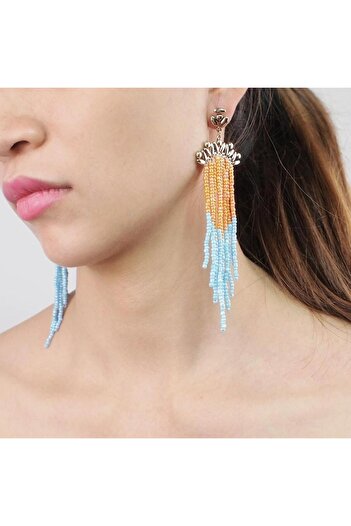 Pursehuit Long gold earrings with fringes and orange and blue beads, Reidunn C3 OUT