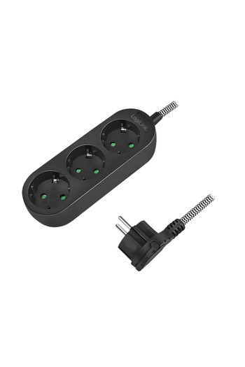 LogiLink Power Extension Cord LPS261, Textile Cable, Flat Plug, 3 Sockets, IP20, H05VV-F 3G 1.5 mm²