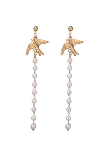 Pursehuit Long golden earrings with pearls and swallows, Erza C9