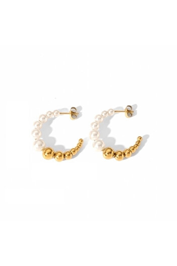 Pursehuit Golden earrings, made of stainless steel, semi-round, with pearls, blown with 18k gold, Gilda C2