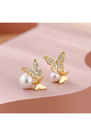 Pursehuit Golden earrings, butterfly shape, with pearls and zirconium stones, Alfrida C14