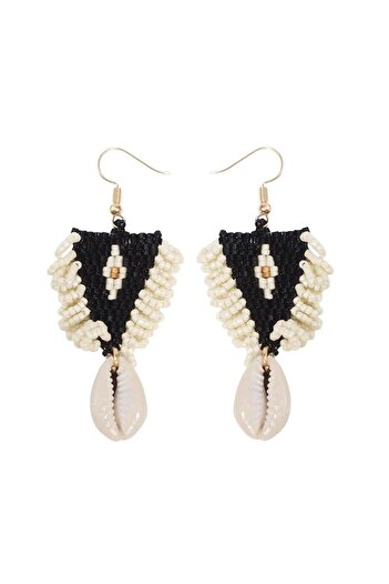 Pursehuit Beige earrings, with black beads and shell, Rhode C1