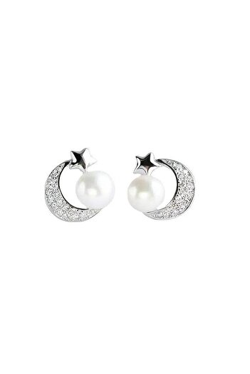 Pursehuit Silver earrings, crescent shape, with zirconia stones and pearls, Alena C15