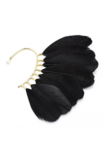 Pursehuit Ear cuff earring, gold, with black feathers, Robin C2