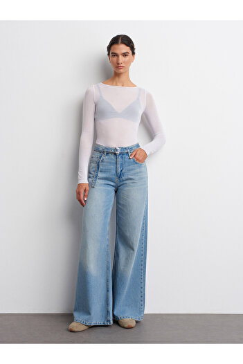 Dilvin 72044 Pantaloni largi din denim cu centură mobilă-albastru