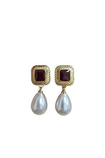 Pursehuit Gold coloured earrings, with clips, red inserts and pearls, Ralda C4