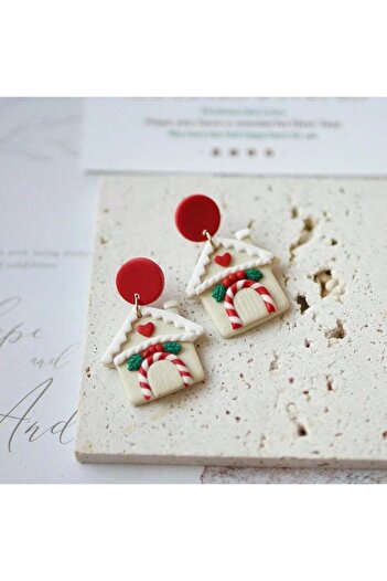 Pursehuit Beige earrings, gingerbread house shape, plus gift box, Gingerhouse C23