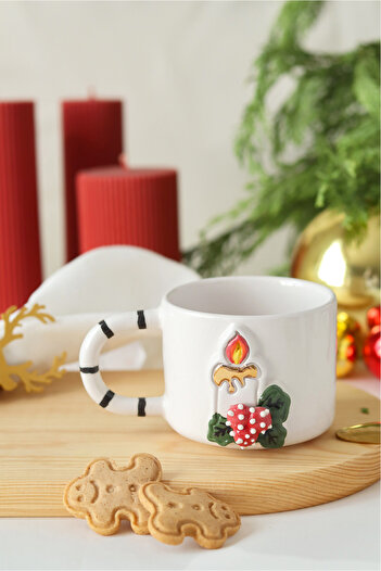 ada mia seramik Handmade Ceramic Mug with Christmas Candle Figure and 24K Gold Decoration, 200ml