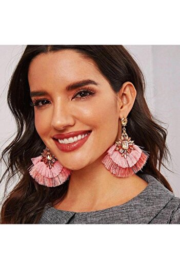 Pursehuit Golden earrings, with pink fringe and stones, Tedora C10