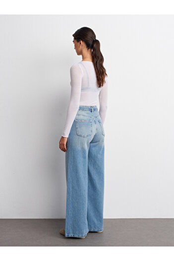 Dilvin 72044 Pantaloni largi din denim cu centură mobilă-albastru