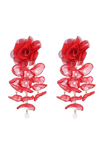 Pursehuit Long red earrings with flowers and pearls, Kaia C3