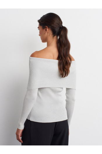 Dilvin 10808 Bardot Collar Ribbed Glitter Knit Sweater-Light Gray
