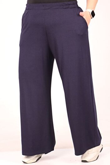 Eslina 39000 Plus Size High Waist Elastic Wide Leg Combed Cotton Pants - Dark Navy Blue