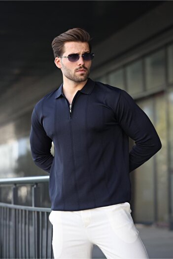 Madmext Navy Blue Polo Neck Zippered Men's Sweater E7427