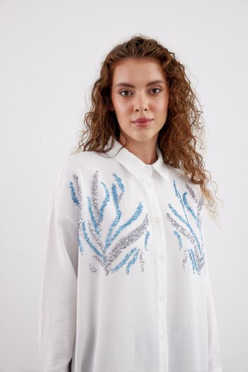 MVStore Women's Print Sequin Sequin Embroidered Linen Shirt