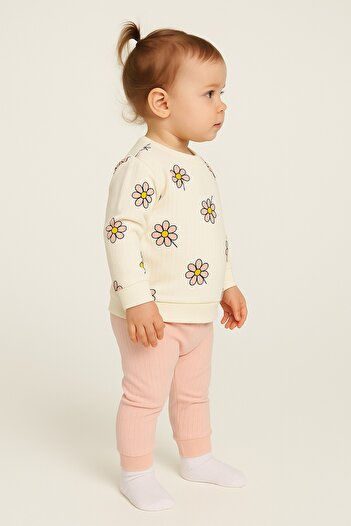 dinamik çocuk Daisy Report Ribbed Sleeve Detailed Baby Girl Set Monthly Seasonal 2-Piece Bottom Top 3-6-9-12Months