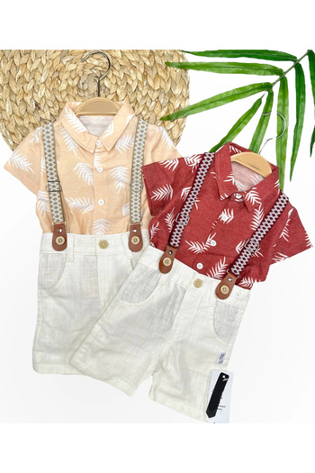 shopwave 9-12-18-24 Months Cotton Linen Fabric Hawaiian Shirt with Rubber Straps 2-Piece Baby Boy Set