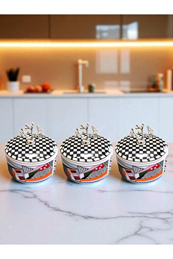 ferayhome Kitchen Accessory 3-Piece Breakfast Bowl Set Geometric Checkered Pattern Silver