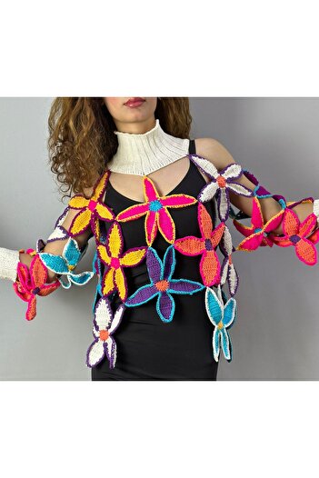 Gönülden Tasarım Hand Knitted Flowered Colorful Women's Mesh Blouse Standard