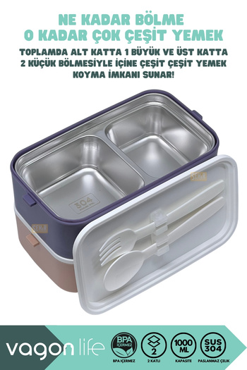 Vagonlife Bento 1000ml Lunchbox New Collection 2 Layer 3 Compartment Stainless Steel Lunch Box Food Container