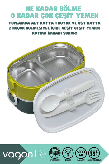 Vagonlife Bento 1300ml Lunchbox New Collection 2 Layer 3 Compartment Stainless Steel Lunch Box Food Container