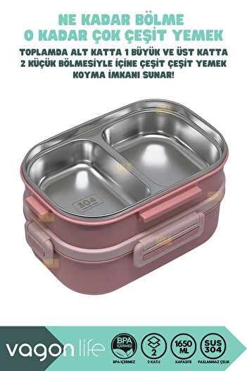 Vagonlife Bento 1650ml Lunchbox New Collection 2 Layer 3 Compartment Stainless Steel Lunch Box Food Container