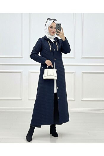Modamorfo Long Quilted Coat with Chain Detail on the Collar - Navy