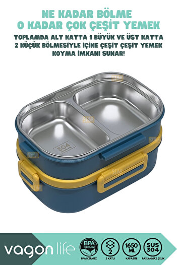 Vagonlife Bento 1650ml Lunchbox New Collection 2 Layer 3 Compartment Stainless Steel Lunch Box Food Container