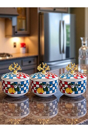 ferayhome Kitchen Accessory 3-Piece Breakfast Storage Container Spice Rack Checkered Lemon Gold - Feray Home