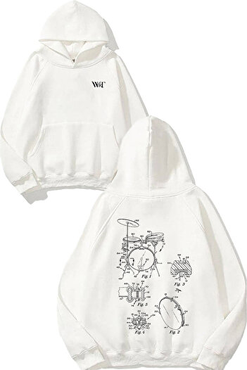 THEWERT Bateri Drum Music 8 Design Back Printed White Hooded Sweatshirt