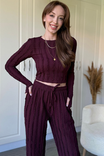 Dilay Gökoğlu Butik Ruffled Long Sleeve Crop Purple Set