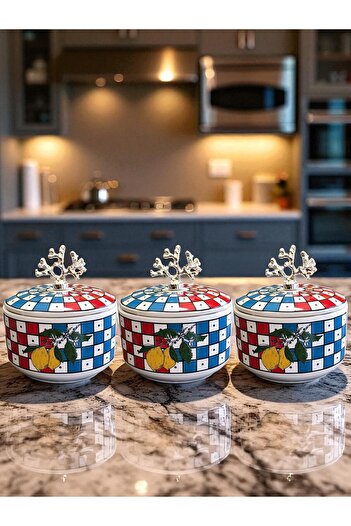 ferayhome Kitchen Accessory 3-Piece Breakfast Storage Container Spice Rack Checkered Lemon Silver - Feray Home