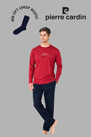 Pierre Cardin Men's Burgundy Long Sleeve Cotton Pajama Set with 1 Pair of Socks as a Gift