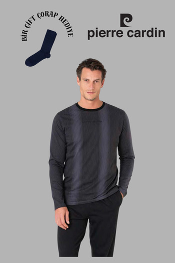 Pierre Cardin Men's Black Long Sleeve Cotton Pajama Set with 1 Pair of Socks as a Gift