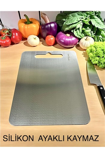 İnci Çelik Steel Bread Board Silicone Feet Non-Slip Steel Vegetable Cutting Board
