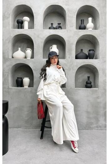 Cardella Premium Quality Women's Double Set with Pleated Detail Wide Leg Pants