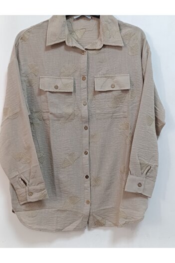 AKŞEN GİYİM Plus Size 100% Cotton Linen Double Pocket Embroidered Cuff Sleeve Shirt
